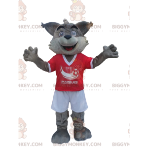 Kostým maskota BIGGYMONKEY™ Šedý vlk v červenobílém sportovním