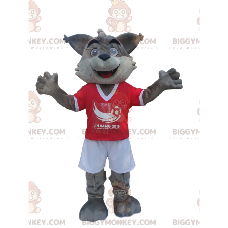BIGGYMONKEY™ maskottiasu Harmaa susi punavalkoisissa BIGGYMONKEY™ maskottiasu Harmaa susi punavalkoisissa