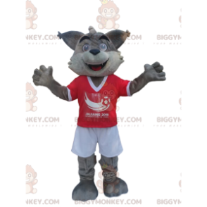 BIGGYMONKEY™ Μασκότ Κοστούμι Γκρι Λύκος σε κόκκινα και λευκά
