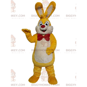 Traje de mascote BIGGYMONKEY™ Coelho amarelo e branco com laço