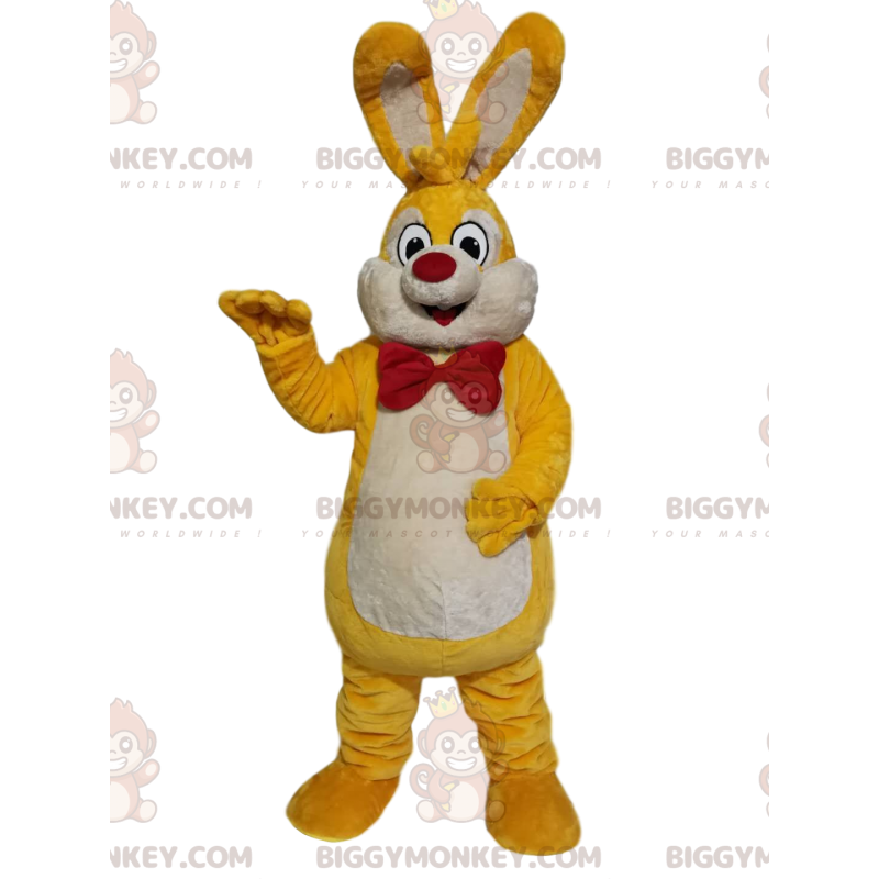 Traje de mascote BIGGYMONKEY™ Coelho amarelo e branco com laço