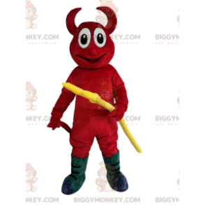 BIGGYMONKEY™ maskotdräkt av leende röd djävul med gul treudd - Mänskliga maskot - BIGGYMONKEY_014463 - BiggyMonkey.com