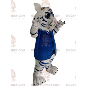 BIGGYMONKEY™ mascottekostuum witte en zwarte tijger met blauw fluwelen vest - Mascottes van de tijger - BiggyMonkey.com