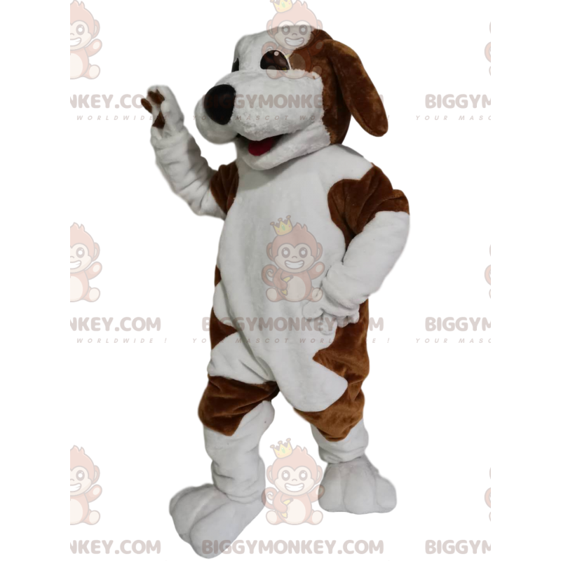 Braun-weißer Hund BIGGYMONKEY™ Maskottchen-Kostüm mit einem Braun-weißer Hund BIGGYMONKEY™ Maskottchen-Kostüm mit einem