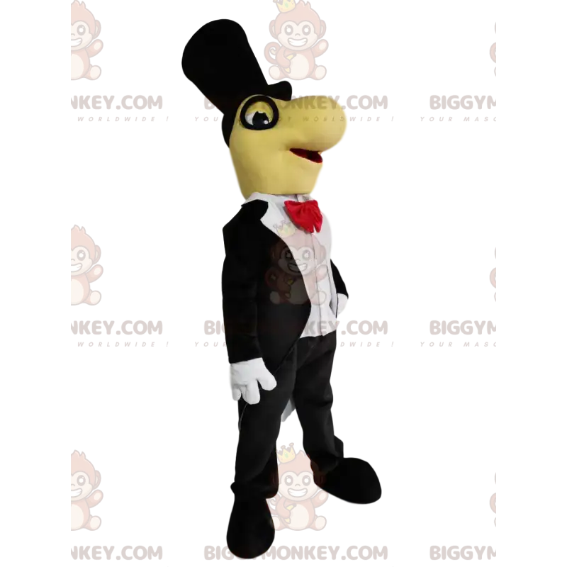Funny Dino BIGGYMONKEY™ Mascot Costume with Black Suit and Red Funny Dino BIGGYMONKEY™ Mascot Costume with Black Suit and Red