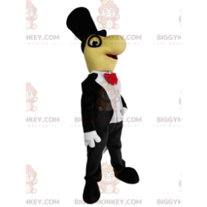  Rolig Dino BIGGYMONKEY™ maskotdräkt med svart kostym och röd rosett - Dinosaurmaskot - BIGGYMONKEY_014469 - BiggyMonkey.com