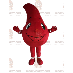 Traje de mascote BIGGYMONKEY™ de gota vermelha com um sorriso