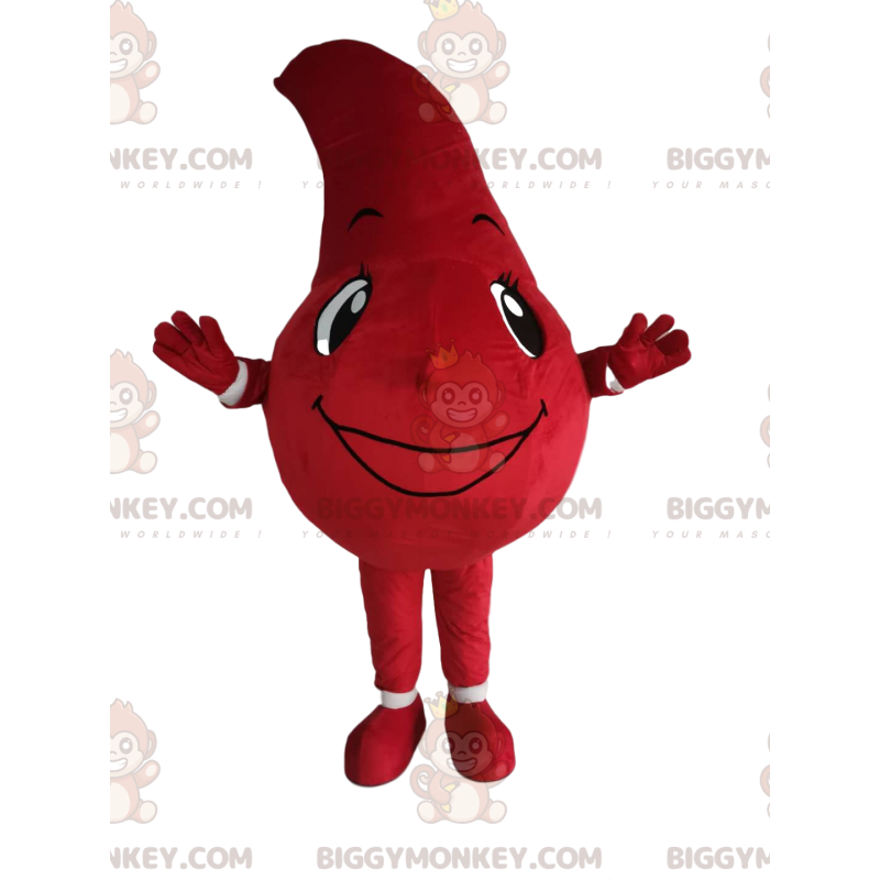 Traje de mascote BIGGYMONKEY™ de gota vermelha com um sorriso Traje de mascote BIGGYMONKEY™ de gota vermelha com um sorriso