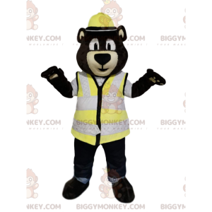 Bruine beer BIGGYMONKEY™ mascottekostuum met helm en geel vest
