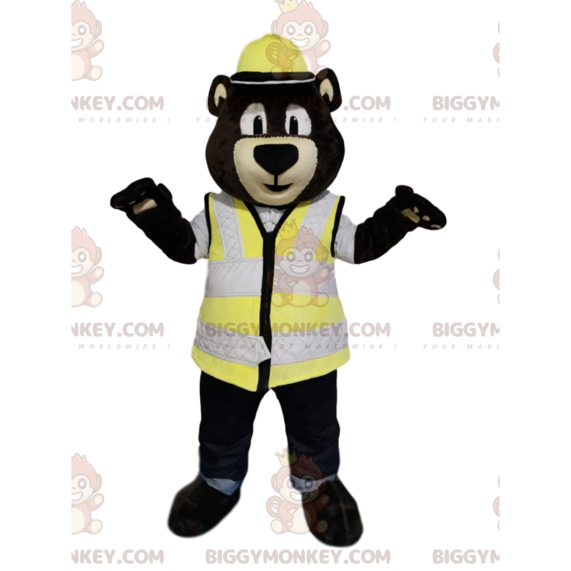 Costume de mascotte BIGGYMONKEY™ d'ours marron avec un casque Costume de mascotte BIGGYMONKEY™ d'ours marron avec un casque