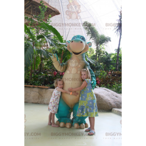 Traje de mascote de dinossauro gigante azul e bronzeado