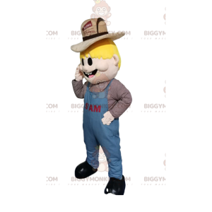 Blonde Man BIGGYMONKEY™ Mascot Costume with Overalls and Farmer