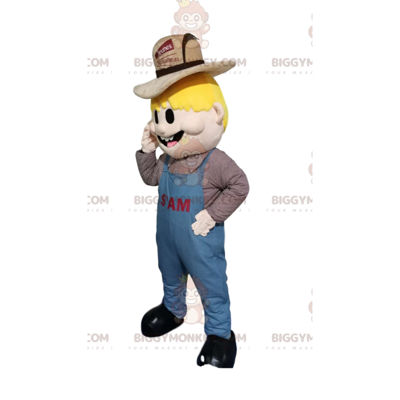 Blonde Man BIGGYMONKEY™ Mascot Costume with Overalls and Farmer Blonde Man BIGGYMONKEY™ Mascot Costume with Overalls and Farmer
