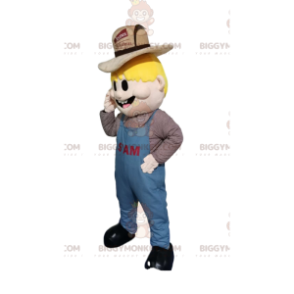 Blonde mand BIGGYMONKEY™ maskotkostume med overalls og bondehat - Mænds maskoter - BIGGYMONKEY_014483 - BiggyMonkey.com