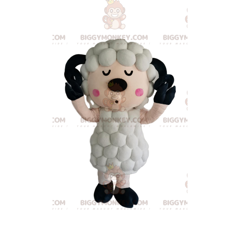 Costume da mascotte BIGGYMONKEY™ da pecora bianca con pelliccia Costume da mascotte BIGGYMONKEY™ da pecora bianca con pelliccia