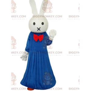 Weißer Hase BIGGYMONKEY™ Maskottchenkostüm mit blauem Kleid und