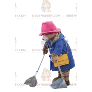 Traje de mascote Bear BIGGYMONKEY™ com casaco azul e chapéu