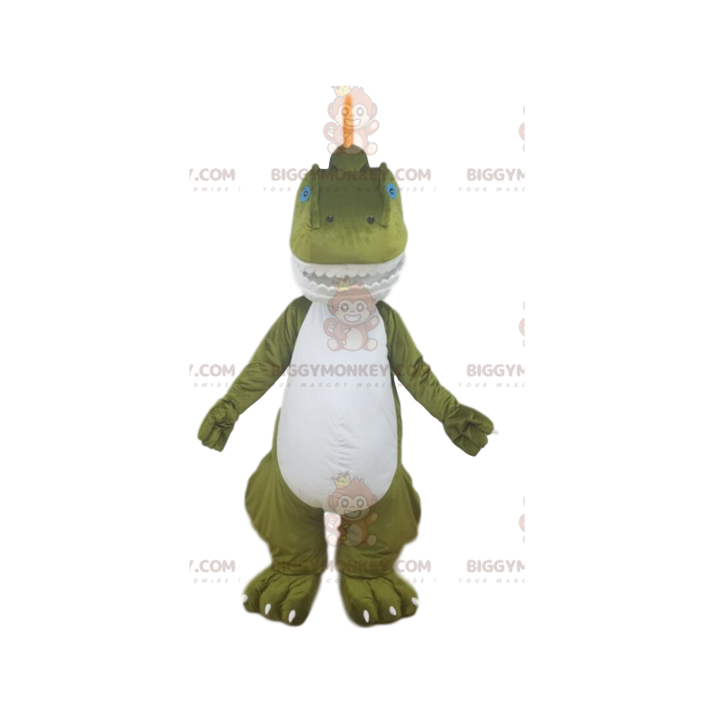 Disfraz de mascota dinosaurio verde y blanco BIGGYMONKEY™ con Disfraz de mascota dinosaurio verde y blanco BIGGYMONKEY™ con