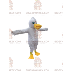 Kostým maskota BIGGYMONKEY™ bílého ptáka se zábavným hřebenem a krásným žlutým zobákem - Pták maskot - BiggyMonkey.com