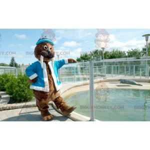 Brown Walrus BIGGYMONKEY™ Mascot Costume with Blue Jacket and