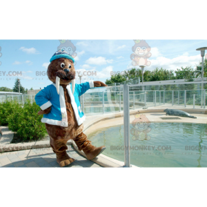 Costume de mascotte BIGGYMONKEY™ de morse marron avec une veste