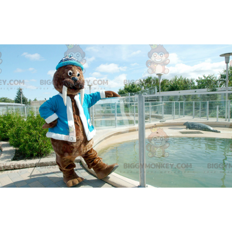 Costume de mascotte BIGGYMONKEY™ de morse marron avec une veste Costume de mascotte BIGGYMONKEY™ de morse marron avec une veste