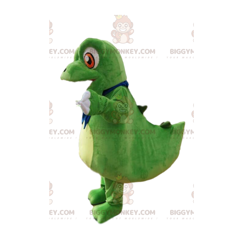 BIGGYMONKEY™ mascottekostuum kleine groene dinosaurus met grote BIGGYMONKEY™ mascottekostuum kleine groene dinosaurus met grote