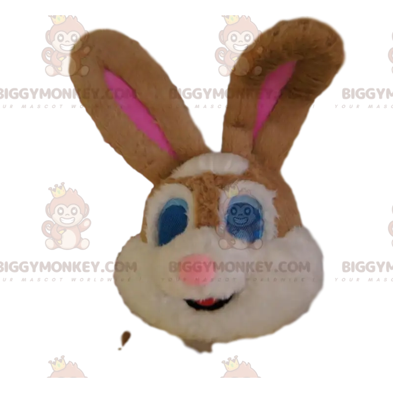 BIGGYMONKEY™ Maskotdräkt Huvud av brun och vit kanin, med blå BIGGYMONKEY™ Maskotdräkt Huvud av brun och vit kanin, med blå