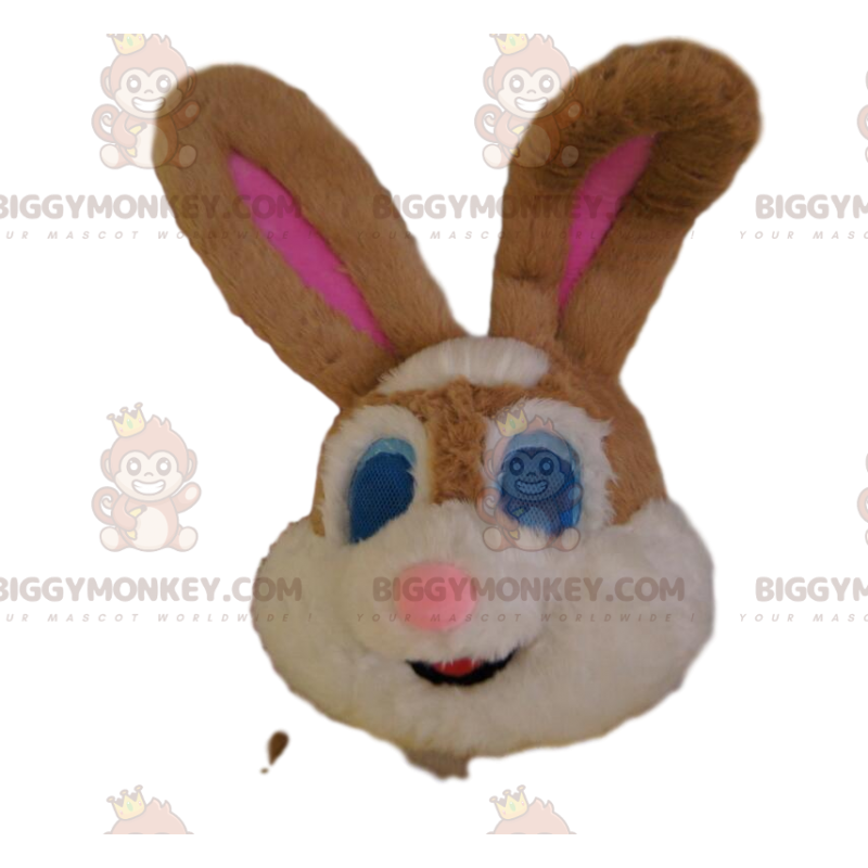 BIGGYMONKEY™ Maskotkostume Hoved af brun og hvid kanin, med blå BIGGYMONKEY™ Maskotkostume Hoved af brun og hvid kanin, med blå