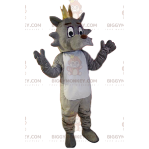 BIGGYMONKEY™ Mascot Costume Gray and White Dog with Gold Crown