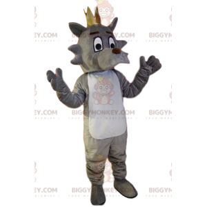 Traje de mascote BIGGYMONKEY™ Cão cinza e branco com coroa de