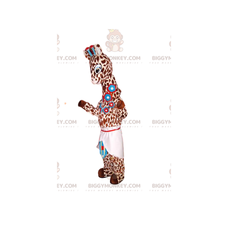 Στολή μασκότ Giraffe BIGGYMONKEY™ με μπλε λουλούδια και ποδιά - Ζώα της ζούγκλας - BIGGYMONKEY_014541 - BiggyMonkey.com
