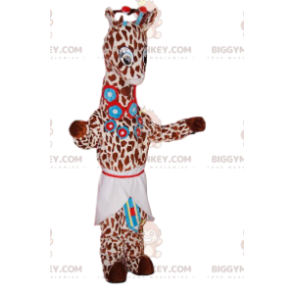 Giraffe BIGGYMONKEY™ maskotdräkt med blå blommor och förkläde - Djungeldjur - BIGGYMONKEY_014541 - BiggyMonkey.com