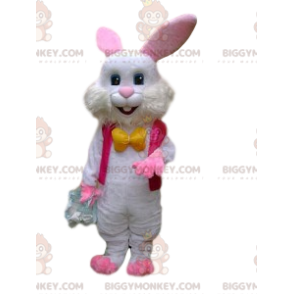 Στολή μασκότ White Rabbit BIGGYMONKEY™ με φούξια μπουφάν και κίτρινο φιόγκο - Μασκότ κουνελιού - BiggyMonkey.com