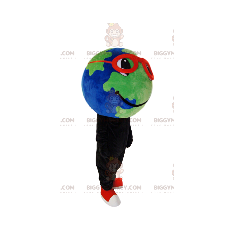 Earth BIGGYMONKEY™ mascottekostuum met rode bril en een mooie Earth BIGGYMONKEY™ mascottekostuum met rode bril en een mooie