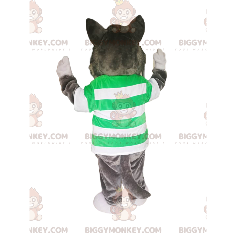 BIGGYMONKEY™ Grå ulvemaskotkostume med grøn og hvid stribet