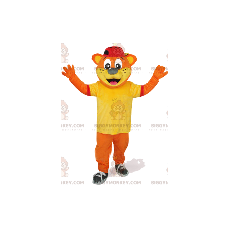 Orange Bear BIGGYMONKEY™ maskottiasu, jossa keltainen t-paita Orange Bear BIGGYMONKEY™ maskottiasu, jossa keltainen t-paita