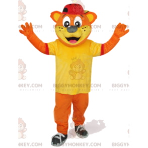 Στολή μασκότ Orange Bear BIGGYMONKEY™ με κίτρινο μπλουζάκι και κόκκινο καπέλο - Μασκότ αρκούδας - BiggyMonkey.com