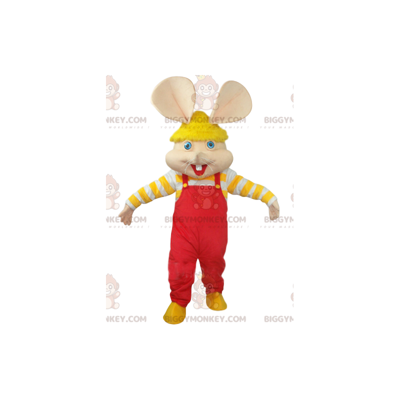 Mouse BIGGYMONKEY™ Mascot Costume with Red Overalls and Yellow Mouse BIGGYMONKEY™ Mascot Costume with Red Overalls and Yellow