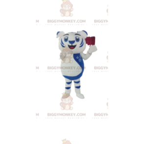 Traje de mascote BIGGYMONKEY™ Filhote de Leão Branco e Azul.