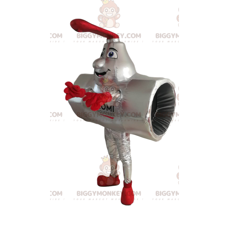 Leende grå pipa BIGGYMONKEY™ maskotdräkt med röd kran -