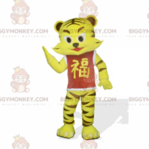  BIGGYMONKEY™ Costume da mascotte di cucciolo di tigre giallo e marrone con maglietta rossa - BiggyMonkey.com