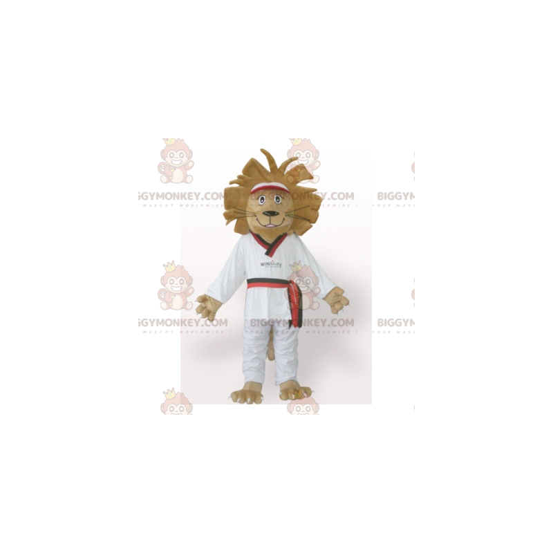 Costume de mascotte BIGGYMONKEY™ de lion marron en kimono blanc Costume de mascotte BIGGYMONKEY™ de lion marron en kimono blanc
