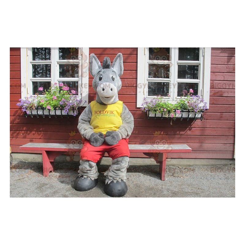 BIGGYMONKEY™ Mascot Costume of Gray Donkey in Yellow and Red BIGGYMONKEY™ Mascot Costume of Gray Donkey in Yellow and Red