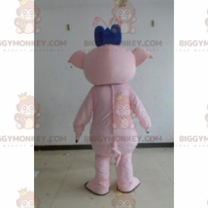 BIGGYMONKEY™ Farm Animal Mascot Costume - Pig with Blue Bow -