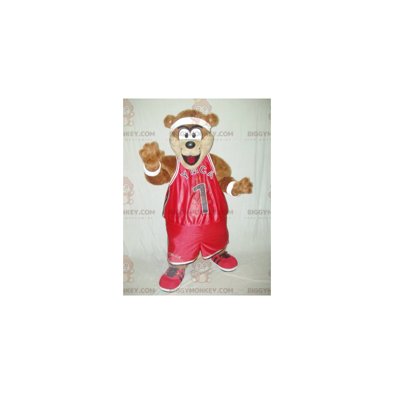 Καφέ στολή μασκότ Teddy BIGGYMONKEY™ με κόκκινα αθλητικά ρούχα - Μασκότ αρκούδας - BIGGYMONKEY_01812 - BiggyMonkey.com