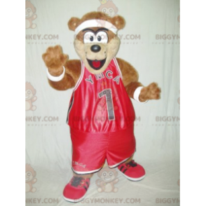 Καφέ στολή μασκότ Teddy BIGGYMONKEY™ με κόκκινα αθλητικά ρούχα