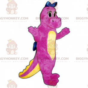 Traje de mascote BIGGYMONKEY™ lindo dinossauro rosa com laço azul - Mascotes de dinossauros - BiggyMonkey.com