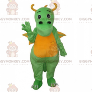 Traje de mascote BIGGYMONKEY™ de adorável dragão verde e amarelo com chifres - Mascote do dragão - BiggyMonkey.com