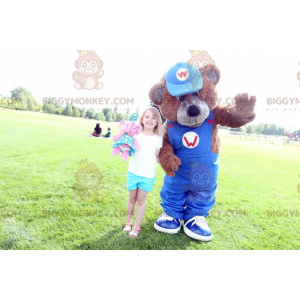 Καφέ στολή μασκότ Teddy BIGGYMONKEY™ με μπλε φόρμες -